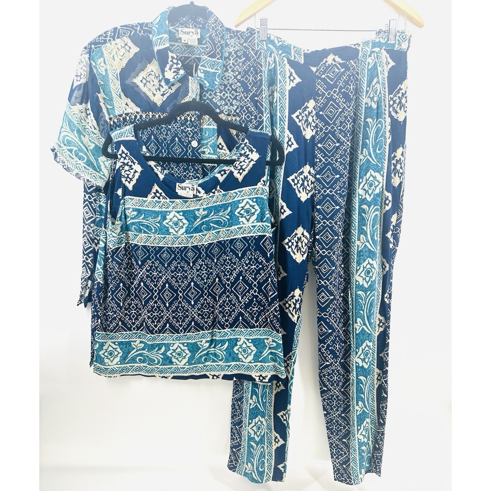 VTG Surya‎ Womens 3 Piece Beaded Pant Tank Top Blouse Indian Resort Wear R1000